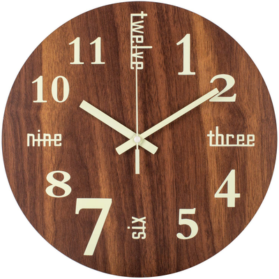 Night Light Wall Clock, Glow in The Dark Silent Wooden Clock, Luminous Battery Operated Analog Decorative Wall Clock for Bedroom, Living Room, Kitchen, Office