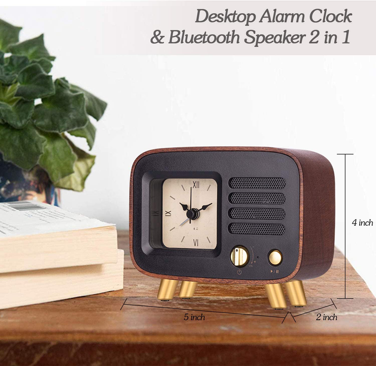 Retro Wooden Alarm Clock with Bluetooth Speaker, Rechargeable & Portable Wireless HQ MP3 Music Player for Smart Phone, Vintage Old Decorative Table Clocks Silent for Home, Bedroom, Nightstand, Office