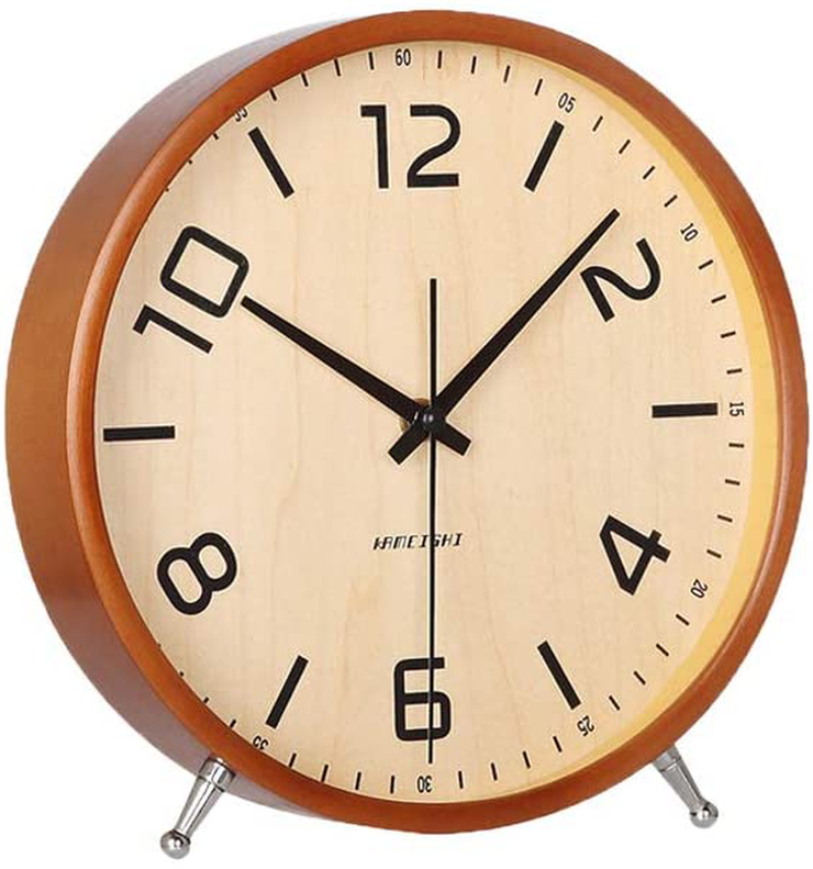 KAMEISHI 8 Inch Desk Clocks Battery Operated Wood Silent Non-Ticking Large Numerals Analog Table Clock Round Sweep Quartz Movement Mantel and Tabletop Clocks Decor HD Glass Easy to Read KSZ828 Brown
