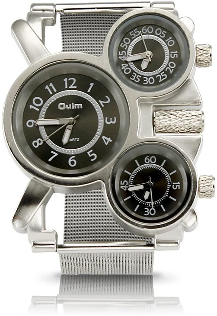 Oct17 Men's Military Quartz Analog Wrist Watch Stainless-Steel Metal Mesh Clock Strap Durable Sub Dials Multi Time Zone Chronograph for Man Oversize Gunmetal