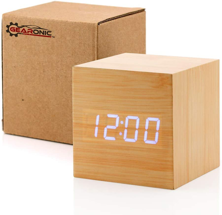 GEARONIC TM Wooden Alarm Clock Wood LED Square Cube Digital Thermometer Timer Calendar Brighter LED - Bamboo