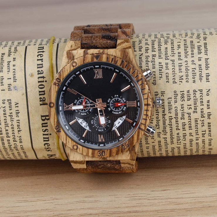 Mens Wood Watch Stylish Wooden Watches Chronograph with Luminous Pointers Fashion Timepiece for Men