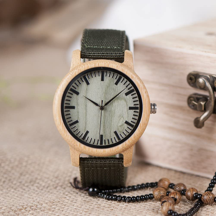 BOBO BIRD Unisex Bamboo Wooden Watch for Men and Women Analog Quartz Lightweight Handmade Casual Watches with Green Nylon Strap