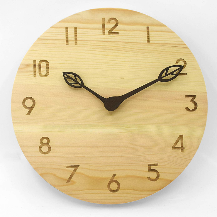 AROMUSTIME 12 Inches Round Wood Wall Clock with Laser Engraved Arabic Numerals, Whisper Quiet, Wood Pointer&No Glass Cover, for Office Kitchen Bedroom Classroom&Living Room, Nature