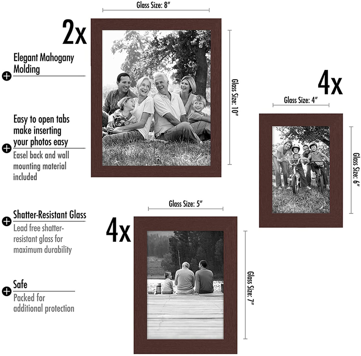 Americanflat 10 Piece Mahogany Gallery Wall Picture Frame Set in Sizes 8x10, 5x7, and 4x6 - Composite Wood with Shatter Resistant Glass - Horizontal and Vertical Formats for Wall and Tabletop