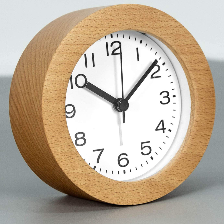 3-Inches Round Wooden Alarm Clock with Arabic Numerals, Non-Ticking Silent, Backlight, Battery Operated, Brown