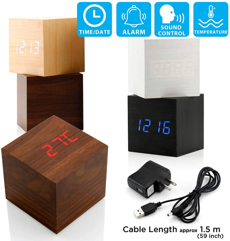 GEARONIC TM Wooden Alarm Clock, LED Square Cube Digital Alarm Thermometer Timer Calendar Updated 2016 Brighter LED - White
