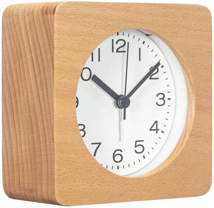 3-Inches Round Wooden Alarm Clock with Arabic Numerals, Non-Ticking Silent, Backlight, Battery Operated, Brown