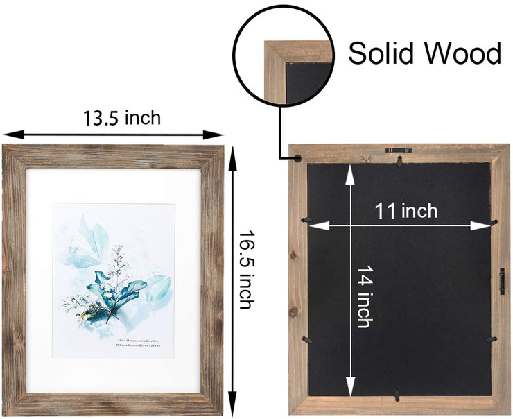 KAIWIN 100% Solid Wood Brown 11x14 Picture Frame 2 Pack Display Picture 8x10 with Mat, HD Glass Inside, Rustic Wooden Photo Frames for Wall Mounting