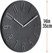 PuHai 14 inch Modern Minimalist Wall Clock Silent and Non-Ticking Imitation Wood 3D Round Stereo Digital Indoor Clock, Family Living Room, Kitchen, Bedroom, Office, School, Hotel (Black)