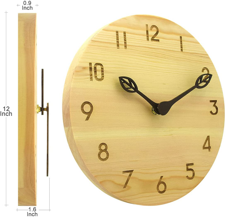 AROMUSTIME 12 Inches Round Wood Wall Clock with Laser Engraved Arabic Numerals, Whisper Quiet, Wood Pointer&No Glass Cover, for Office Kitchen Bedroom Classroom&Living Room, Nature