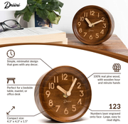 Driini Wooden Desk & Table Analog Clock Made of Genuine Pine (Dark) - Battery Operated with Precise Silent Sweep Mechanism