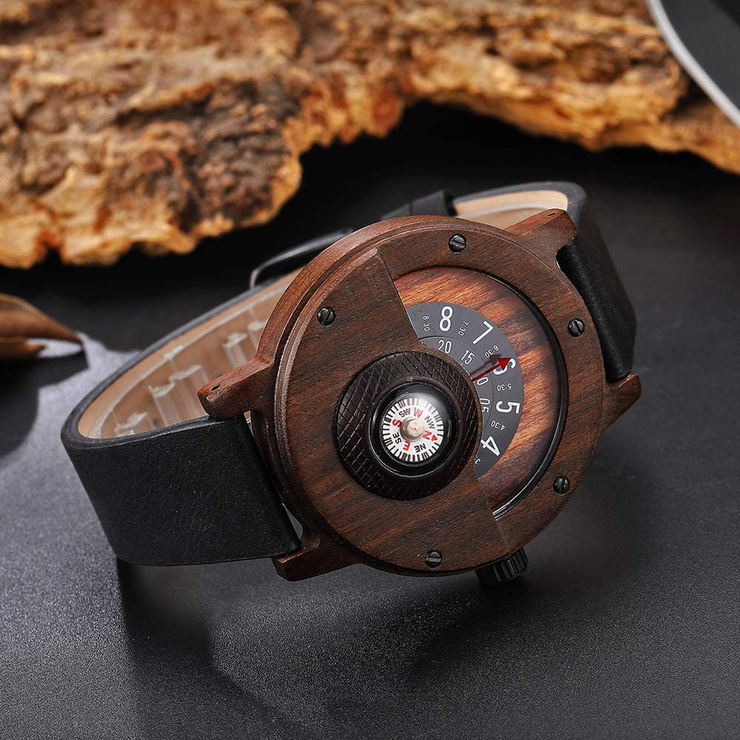 GORBEN Compass Turntable Men's Wooden Watch Lightweight Handmade Wood Watches Men Quartz Sports Watch
