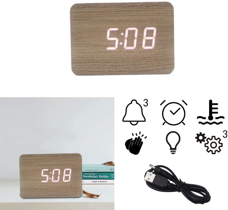 Wooden Alarm Clock, Electronic Digital Adjustable Brightness Desk Alarm Clock with LED Display Time Date and Temperature,for Home Office Daily Life（Rectangle）