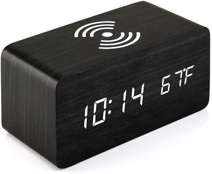 Oct17 Wooden Alarm Clock with Qi Wireless Charging Pad Compatible with iPhone Samsung Wood LED Digital Clock Sound Control Function, Time Date, Temperature Display for Bedroom Office Home - White
