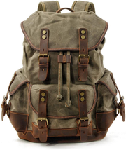WUDON Men Travel Backpack, Genuine Leather-Waxed Canvas Shoulder Hiking Rucksack