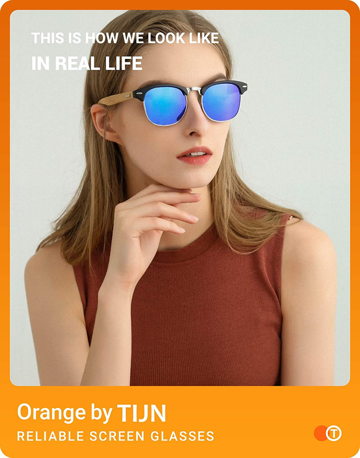 TIJN Semi Rimless Sunglasses for Women Men Wood Temple Polarized Classic Half Frame Sun Glasses