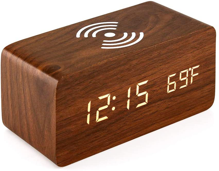 Oct17 Wooden Alarm Clock with Qi Wireless Charging Pad Compatible with iPhone Samsung Wood LED Digital Clock Sound Control Function, Time Date, Temperature Display for Bedroom Office Home - White