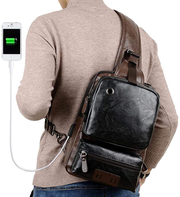 Small Black Sling Crossbody Backpack Shoulder Bag for Men Women Vintage PU Leather Sling Backpack Cycling USB Charger