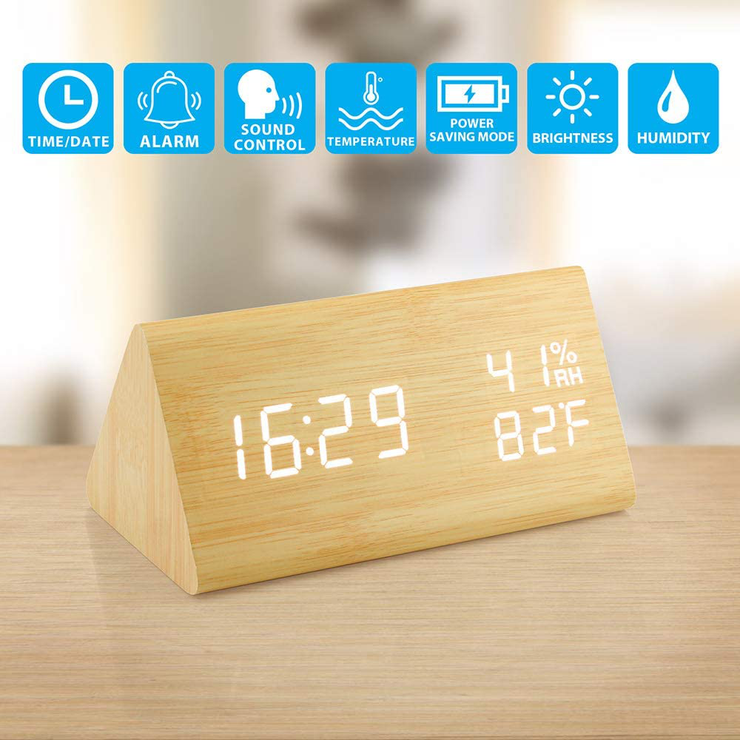 OCT17 Wooden Alarm Clock, Wood LED Digital Desk Clock, Upgraded with Time Temperature, Adjustable Brightness and Voice Control, Humidity Displaying - Bamboo