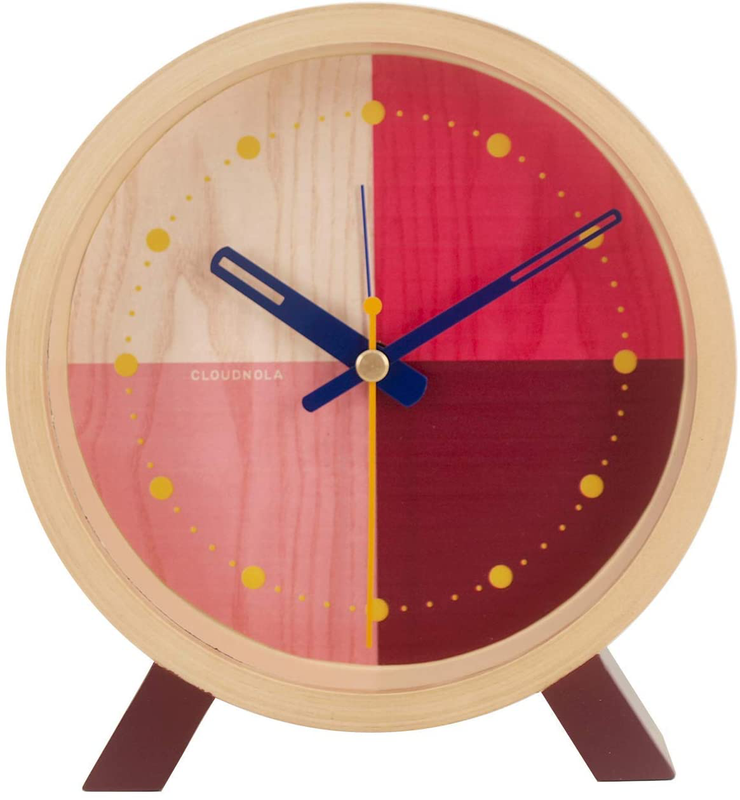 Cloudnola Flor Wood Desk and Alarm Clock Red, 7.1 inch Diameter, Battery Operated Quartz Movement, Silent Non Ticking