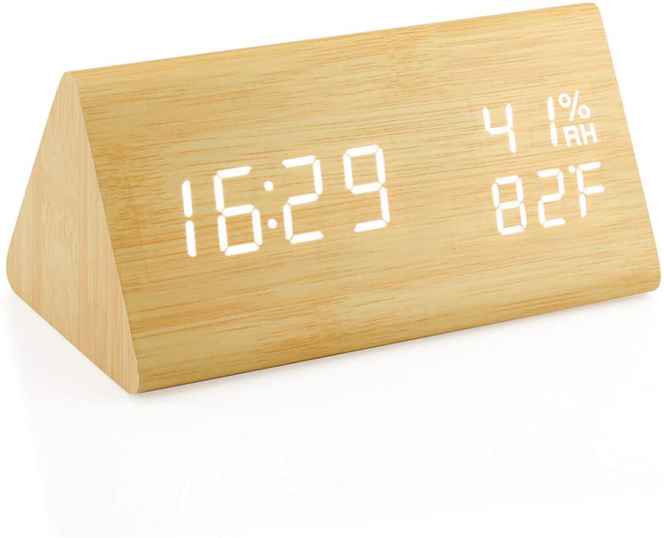 OCT17 Wooden Alarm Clock, Wood LED Digital Desk Clock, Upgraded with Time Temperature, Adjustable Brightness and Voice Control, Humidity Displaying - Bamboo
