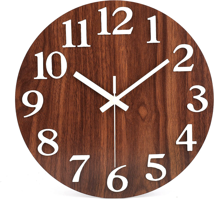 Jomparis 12" Night Light Function Wooden Round Wall Clock Vintage Rustic Country Tuscan Style for Kitchen Bedroom Office Home Silent & Non-Ticking Large Numbers Battery Operated Indoor Clocks