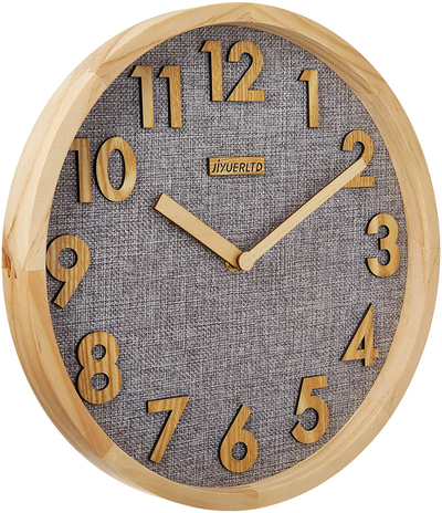 JIYUERLTD 12 inches Silent Non-Ticking Quartz Wall Clock Kitchen Clock,3D Wood Numbers Display,Wood Frame and Linen Face Clock for Home Office Classroom School (Natural Wood+Gray Linen)
