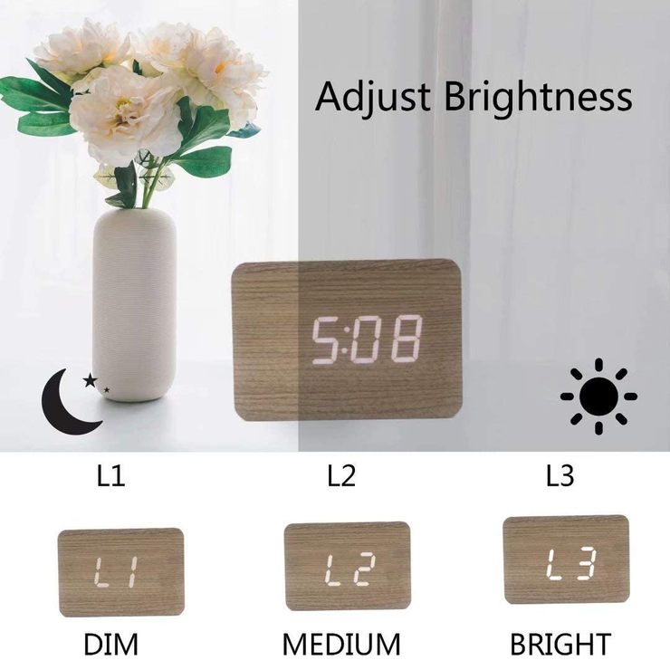 Wooden Alarm Clock, Electronic Digital Adjustable Brightness Desk Alarm Clock with LED Display Time Date and Temperature,for Home Office Daily Life（Rectangle）