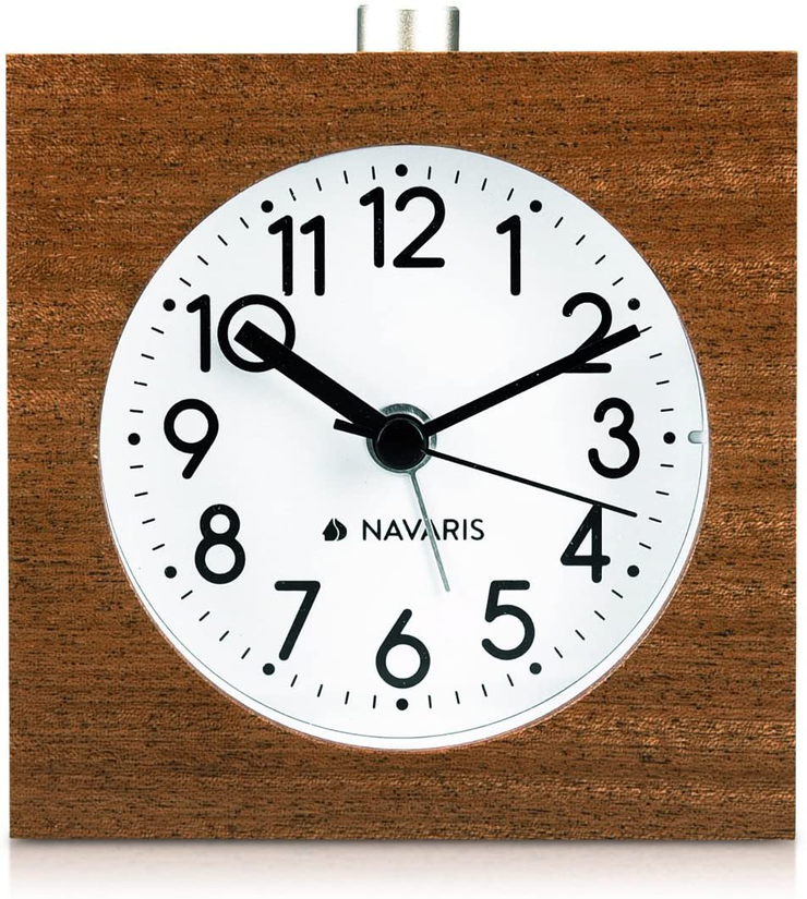 Navaris Wood Analog Alarm Clock - Square Battery-Operated Non-Ticking Clock with Snooze Button and Light - Dark Brown