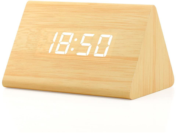 OCT17 Wooden Wood Clock , 2020 New Version LED Alarm Digital Desk Clock Adjustable Brightness, Alarm Time, Displays Time Date Temperature - Bamboo (White Light)