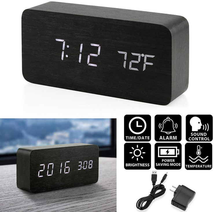 Oct17 Wooden Digital Alarm Clock, Wood Fashion Multi-Function LED Alarm Clock with USB Power Supply, Voice Control, Timer, Thermometer - Black