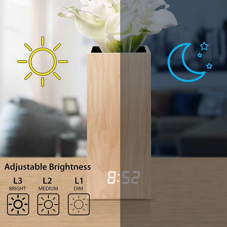 Oct17 Wooden Alarm Clock, Magnetic Wood Alarm Clock Voice Control Electric Smart LED Travel Digital Desk Clock Modern Vase - Wood with White Light