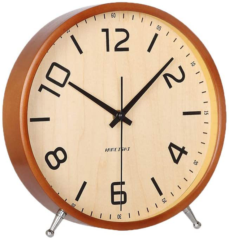 KAMEISHI 8 Inch Desk Clocks Battery Operated Wood Silent Non-Ticking Large Numerals Analog Table Clock Round Sweep Quartz Movement Mantel and Tabletop Clocks Decor HD Glass Easy to Read KSZ828 Brown
