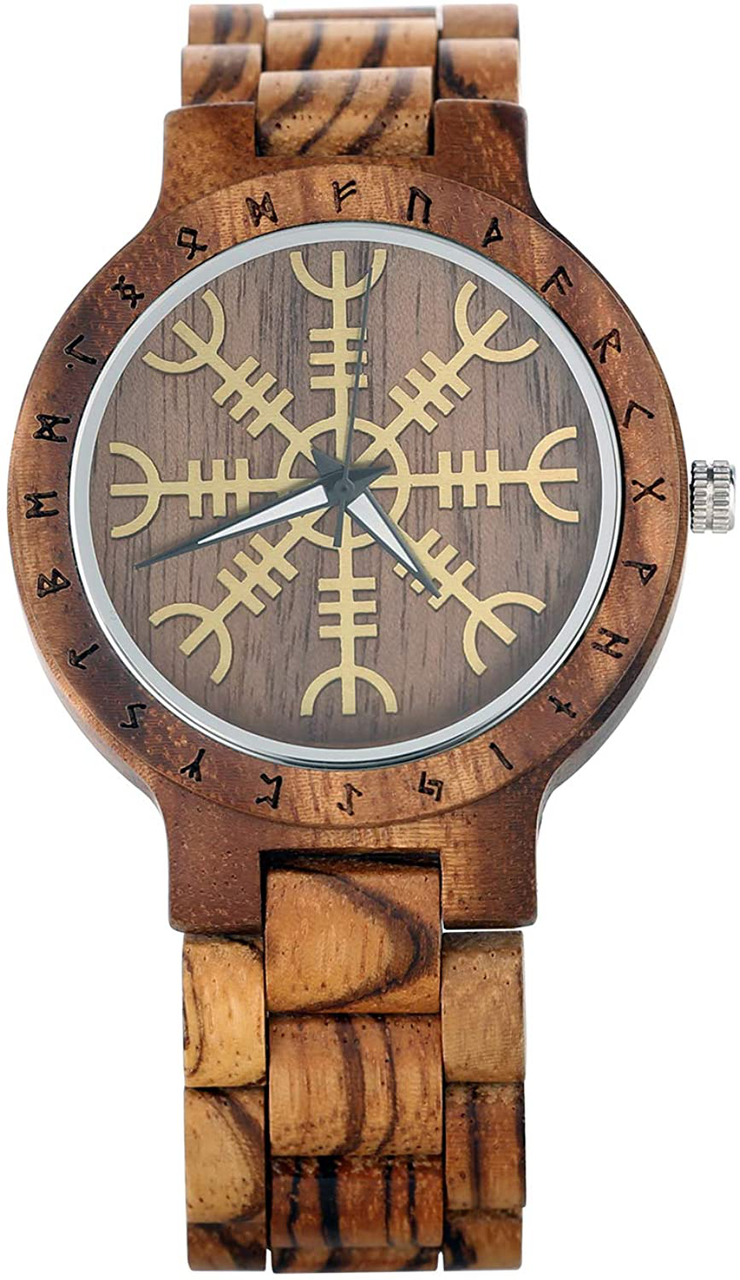 VikingsBrand Viking Wooden Watch with Helm of Awe, Aegishjalmur Viking Symbol & Engraved Die in Battle & Go to Valhalla Saying and Runic Circle