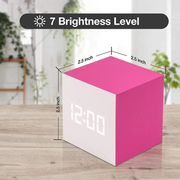 Wooden Alarm Clock Wood LED Square Cube Digital Thermometer Timer Calendar Brighter LED- Hot Pink
