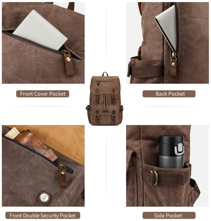 Kattee Men's Canvas Leather Hiking Backpack Travel Rucksack School Bag