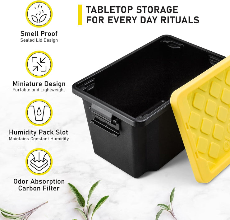 Stash9 Mini Tabletop Tote Storage Container Bins Carbon Filter Smell Proof Pack, Airtight silicone Seal and Two-Way Humidity Pack Slots Stackable Plastic Black Base Containers Stash Box Bin